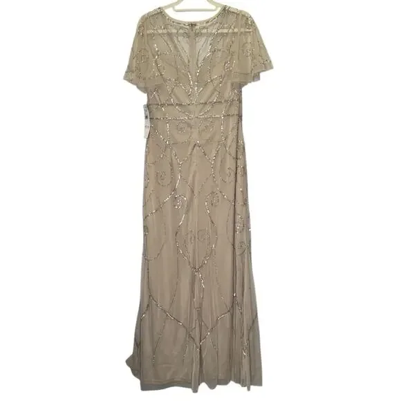 NWT Adrianna Papell Studio Beaded Sequin Long Gown Dress Biscotti Sz 12